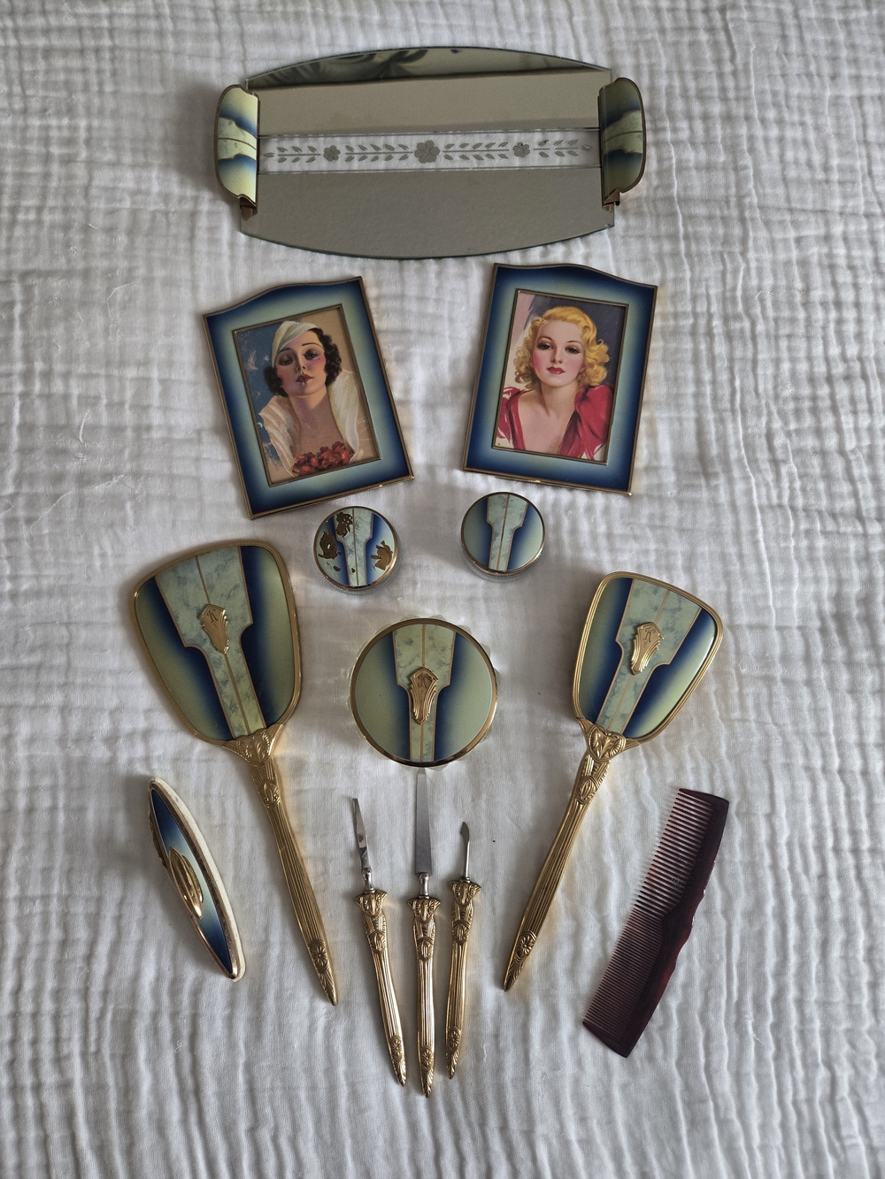 Vintage Blue and Gold Deco Vanity Grooming Set